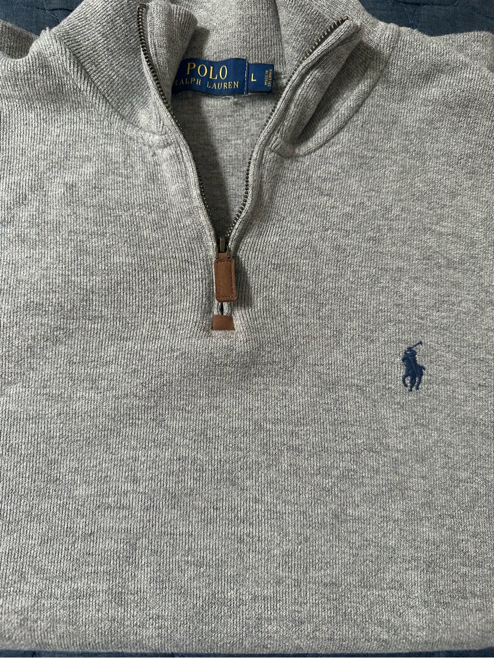 Polo by Ralph Lauren Light Gray Half-Zip Sweater with Navy Pony.  men’s Large.